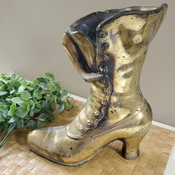 Vtg victorian brass boot heavy bookend vase